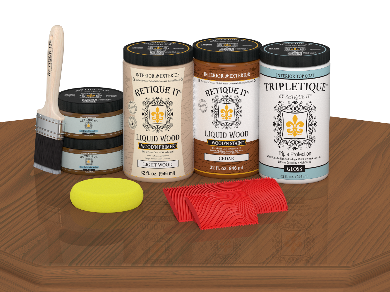 Retique It® Wood'n Finish Kit in cedar for tabletops, containing four large stain bottles with a glossy finish.