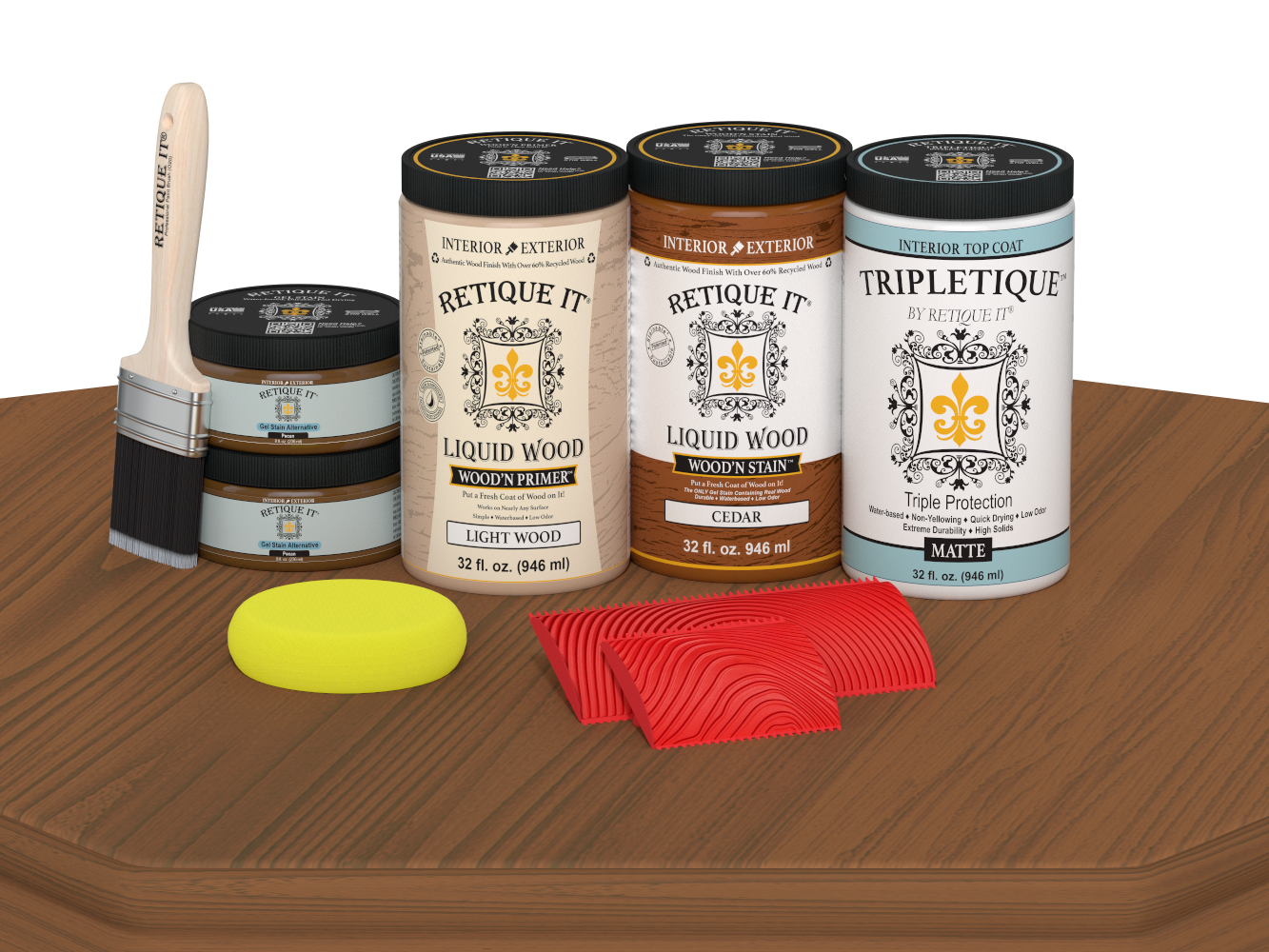 Retique It® Wood'n Cabinet Kit with 12 cedar-grained doors in matte stain, displayed on a table.