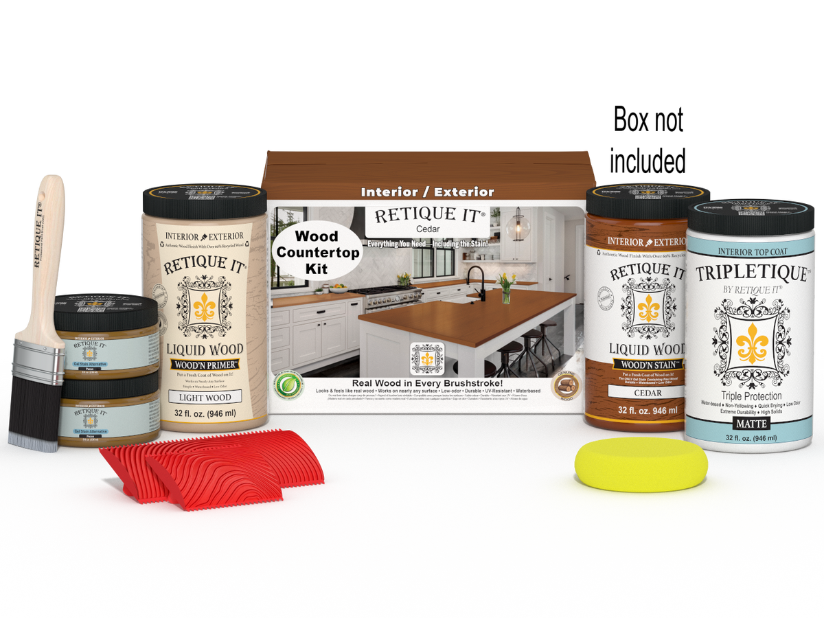Retique It® Cedar countertop kit with stains, featuring a full kitchen setup and a box of stain products for wood surfaces.