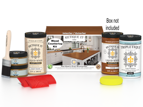 Retique It® Cedar countertop kit with stains, full kitchen setup, showing wood surface, stain bottles, and application tools.