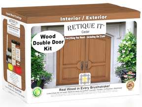 Retique It Cedar Wood'n Finish front double door kit with stain, featuring natural cedar wood grain and detailed craftsmanship.