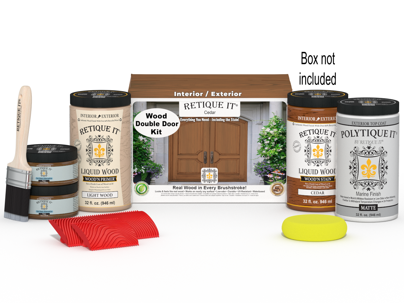 Retique It Wood'n Finish front door kit for double cedar doors, featuring stain options and hardware in the image.