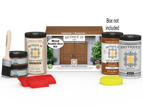 Retique It Wood'n Finish front door kit for double cedar doors, featuring stain options and hardware in the image.