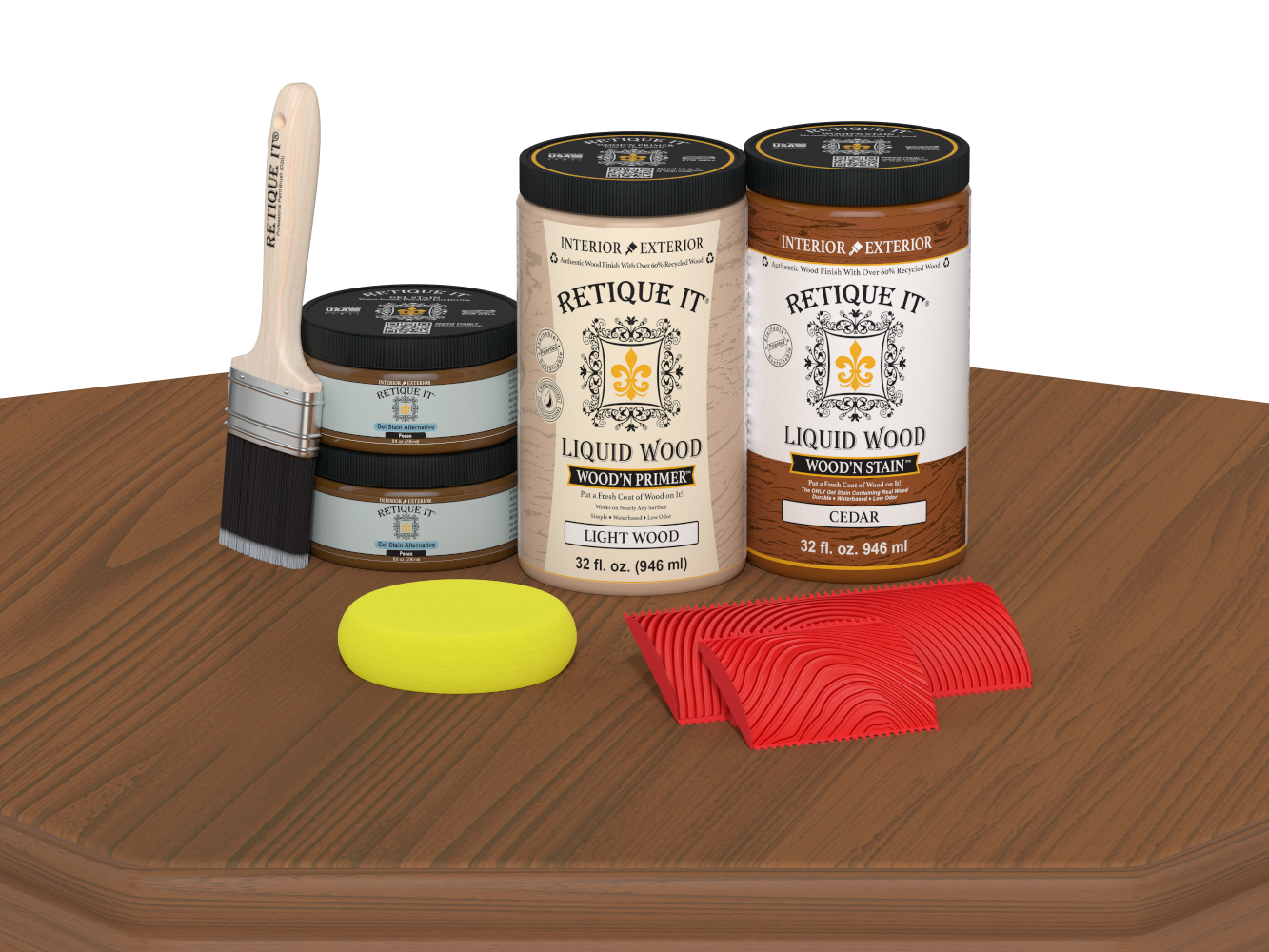 Retique It® Wood'n Cabinet Kit in cedar stain with 12 grained cabinet doors displayed on a table.