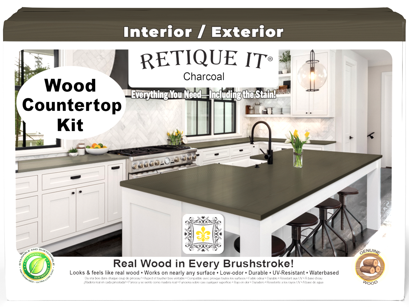 Retique It® charcoal countertop kit for full kitchen, showing a stained, modern countertop with a sleek charcoal finish.