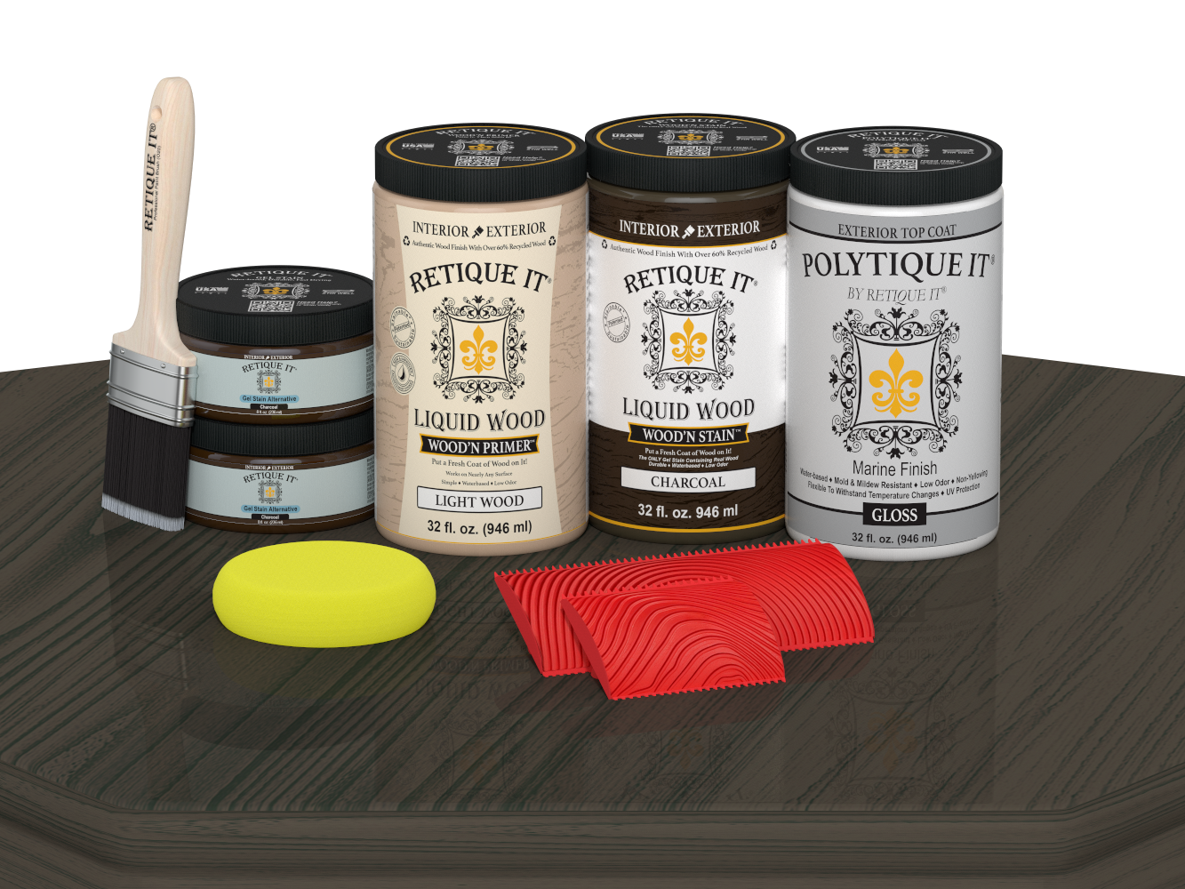Retique It Wood'n Finish front door kit in Charcoal stain, featuring a double door with a glossy finish on a table.