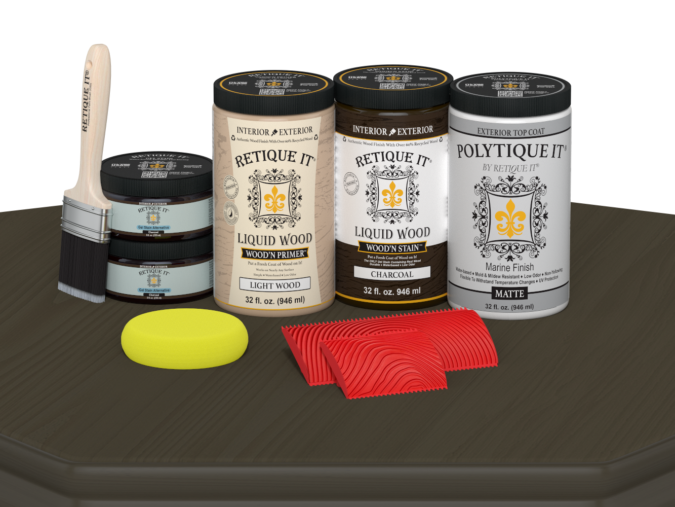 Large Charcoal Wood'n Kit by Retique It® for exterior wood finishing, includes matte top coat and application tools.
