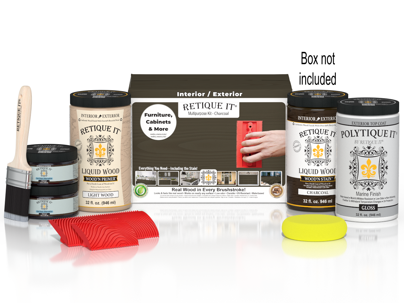 Large Charcoal Wood'n Kit by Retique It® for exterior top coating, includes wood finish and application tools.