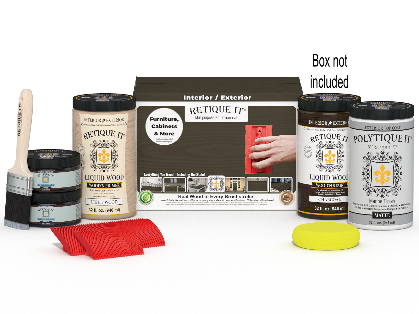 Large Charcoal Wood'n Finish Kit by Retique It® with exterior top coat, includes wood finish bottles and application tools.