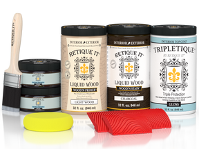 Large Charcoal Wood'n Finish Kit by Retique It® for interior top coat, featuring applicator brush and wood finish products.