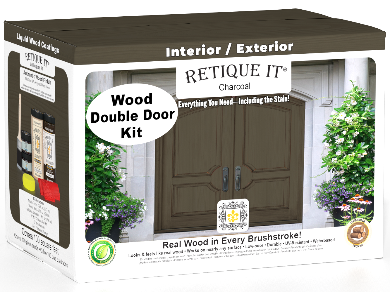 Retique It Wood'n Finish double front door kit in charcoal stain, featuring natural wood grain and sleek modern design.