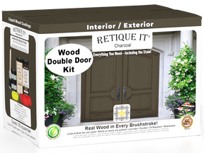 Retique It Wood'n Finish double front door kit in charcoal stain, featuring natural wood grain and sleek modern design.