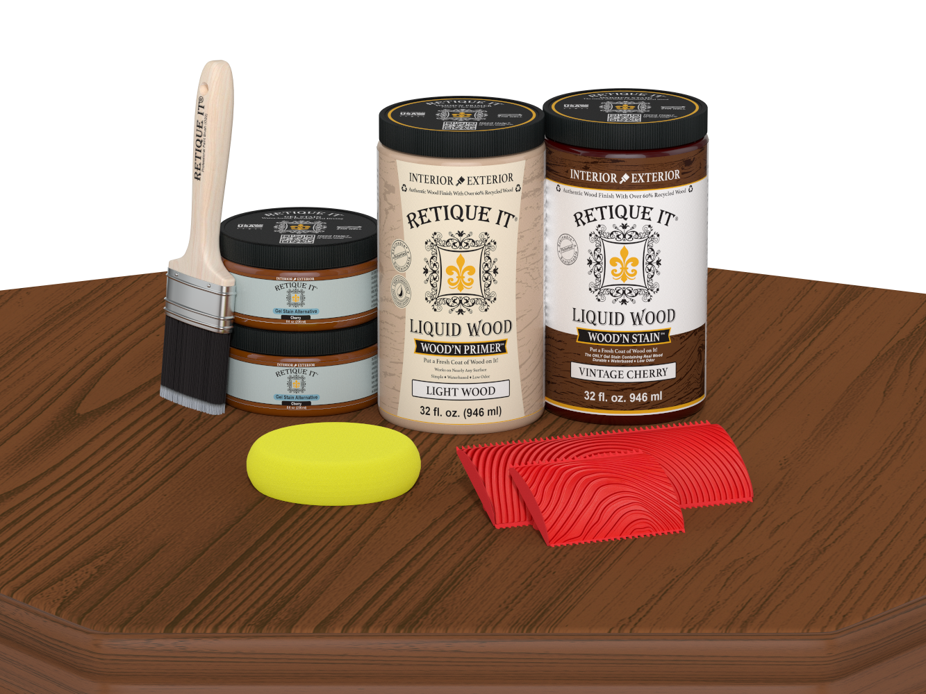 Retique It® Wood'n Cabinet Kit with vintage cherry stain, featuring 12 grained cabinet doors on a wooden table.