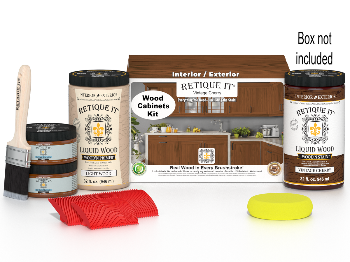 Retique It® Wood'n Cabinet Kit with 12 vintage cherry stained doors, featuring grained wood finish for stylish kitchen cabinets.