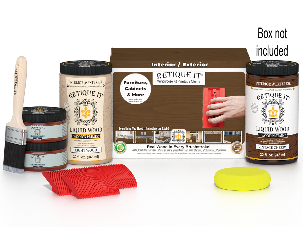 Large Vintage Cherry Wood'n Finish Kit by Retique It® includes wood stain, finish, and tools for multi-purpose wood projects.