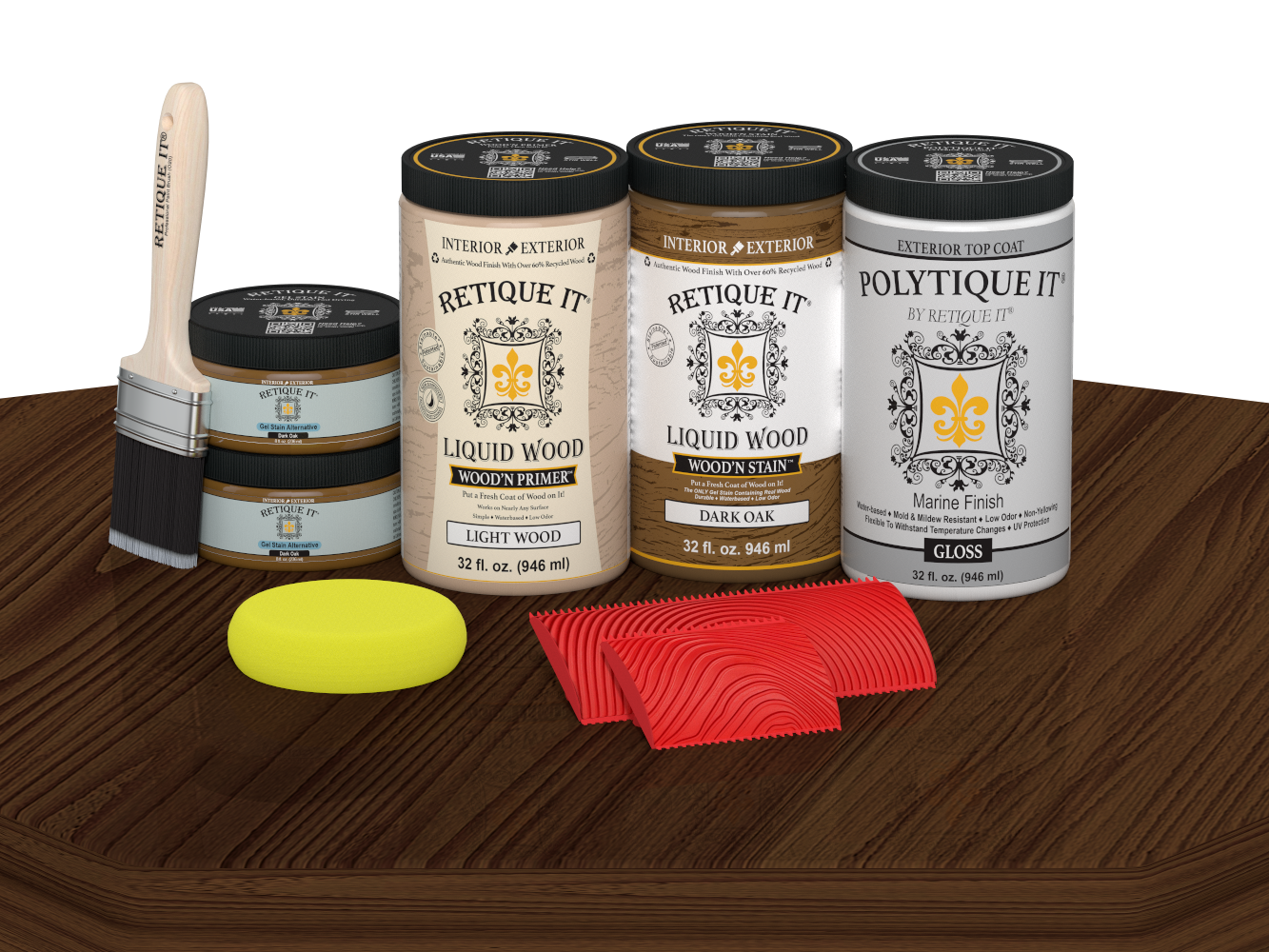 Retique It® Wood'n Finish Double Front Door Kit in Dark Oak stain with glossy finish, displayed on a table.