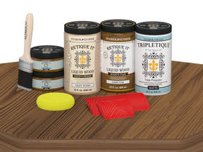 Retique It® Wood'n Finish Kit Large in Dark Oak with interior top coat, showing a matte wood table surface.