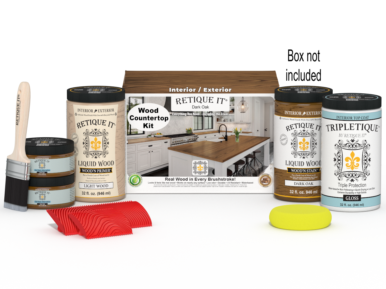 Retique It® dark oak countertop kit with stains, showing a full kitchen countertop with rich wood grain finish.