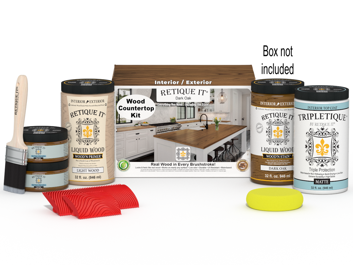 Retique It® dark oak countertop kit with stain, including box and application tools, designed for full kitchen countertop renovation.