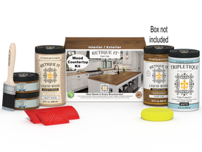 Dark oak countertop kit by Retique It® with stains for full kitchen remodeling, shown with the box and application tools.