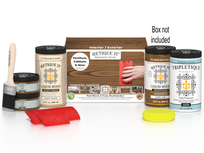 Large Dark Oak Wood'n Finish Kit by Retique It® for interior top coat application, shown with application tools and supplies.