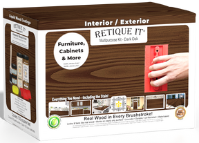 Retique It Dark Oak multipurpose liquid wood refinishing kit box with wood grain finish examples and a red graining tool.