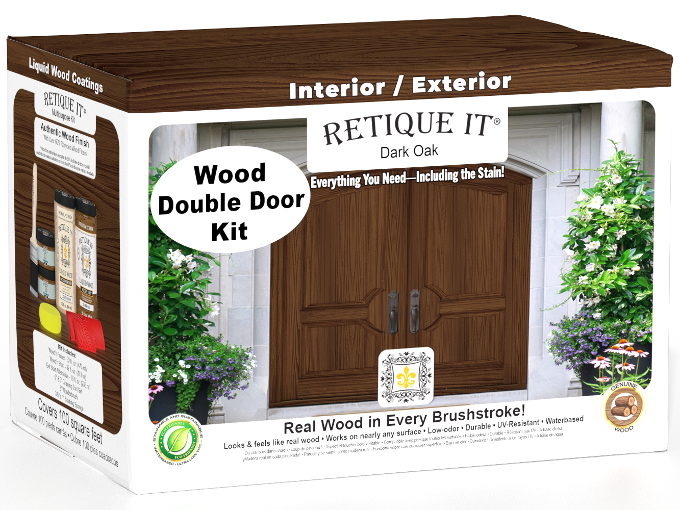 Retique It Wood'n Finish Double Front Door Kit in Dark Oak stain, showcasing a stylish double door with rich wood grain finish.