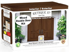Retique It Wood'n Finish Double Front Door Kit in Dark Oak stain, showcasing a stylish double door with rich wood grain finish.