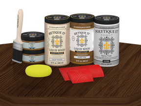 Retique It Wood'n Finish double front door kit in dark oak stain with a glossy finish, displayed on a table.