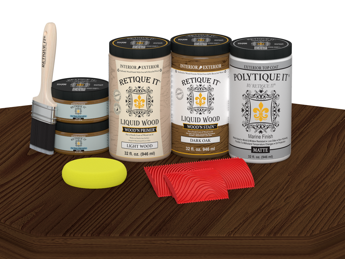 Retique It Wood'n Finish double front door kit in dark oak stain with matte finish, shown on a table.