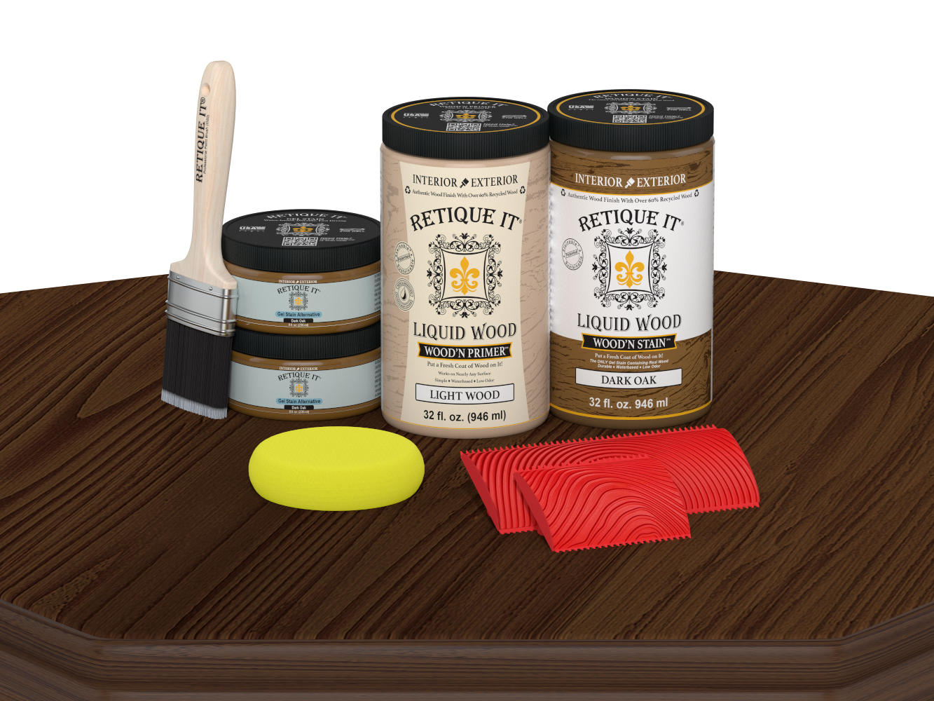 Retique It® Wood'n Finish Front Door Kit (Double) in Dark Oak stain, showing the stained wooden double door on a table.