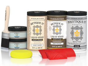 Large Drift Wood Wood'n Finish Kit by Retique It® with exterior top coat, includes gloss wood treatment and application tools.
