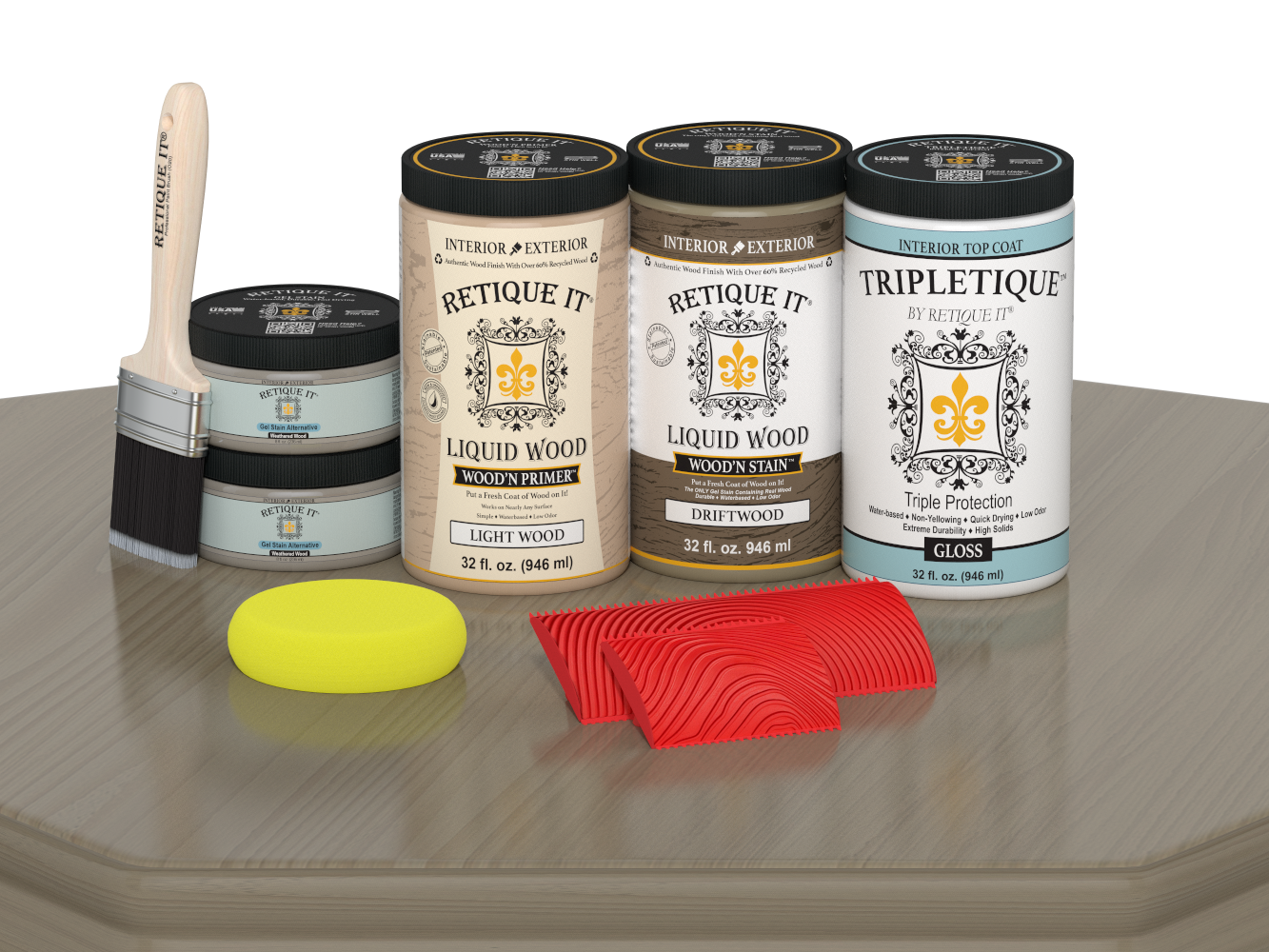 Large Wood'n Kit by Retique It® with driftwood finish, including interior top coat, featuring a glossy wood surface and finishing tools.