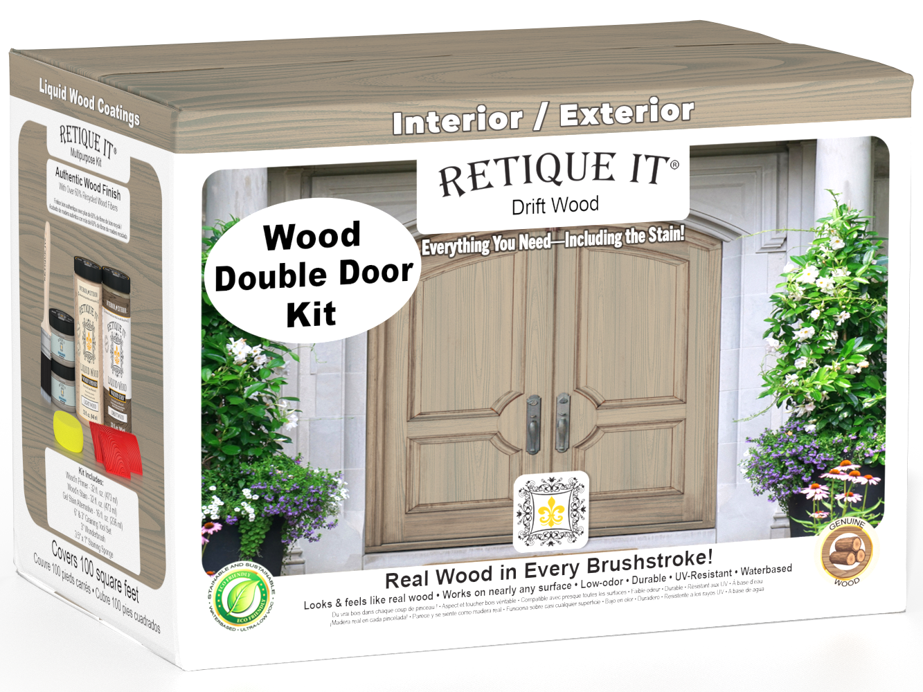 Retique It Wood'n Finish front door kit in Drift Wood stain, double door with natural wood grain appearance.
