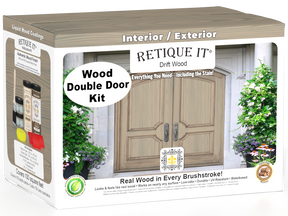 Retique It Wood'n Finish front door kit in Drift Wood stain, double door with natural wood grain appearance.