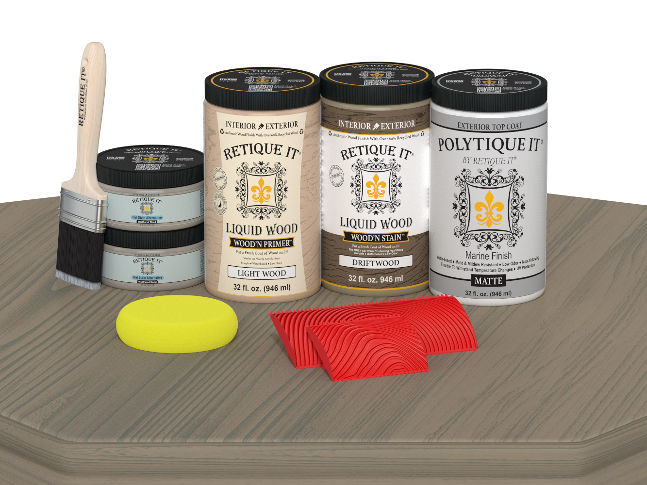 Retique It Wood'n Finish Front Door Kit in Drift Wood stain, double door with matte finish, shown on a table.