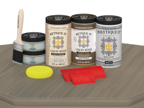 Retique It Wood'n Finish Front Door Kit in Drift Wood stain, double door with matte finish, shown on a table.