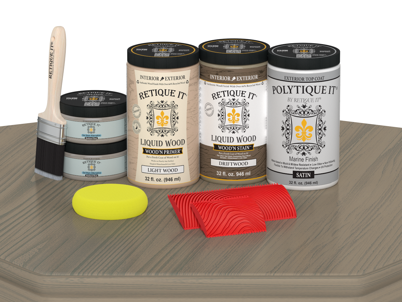 Double Drift Wood Wood'n Finish front door kit by Retique It with satin stain finish, displayed on a table.