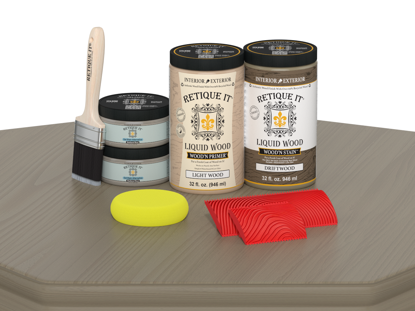 Large Drift Wood Wood'n Finish Kit by Retique It® with wood samples and tools for multi-purpose woodworking projects.
