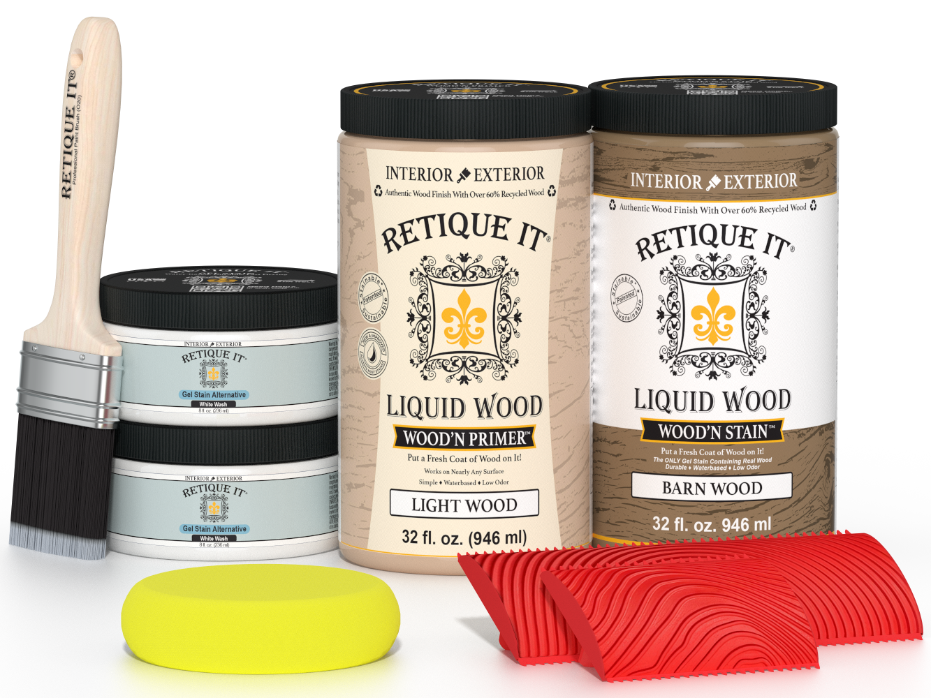 Large French oak Wood'n Finish Kit by Retique It® featuring wood grain patterns and finishing supplies for multi-purpose wood projects.