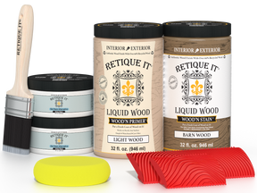 Large French oak Wood'n Finish Kit by Retique It® featuring wood grain patterns and finishing supplies for multi-purpose wood projects.