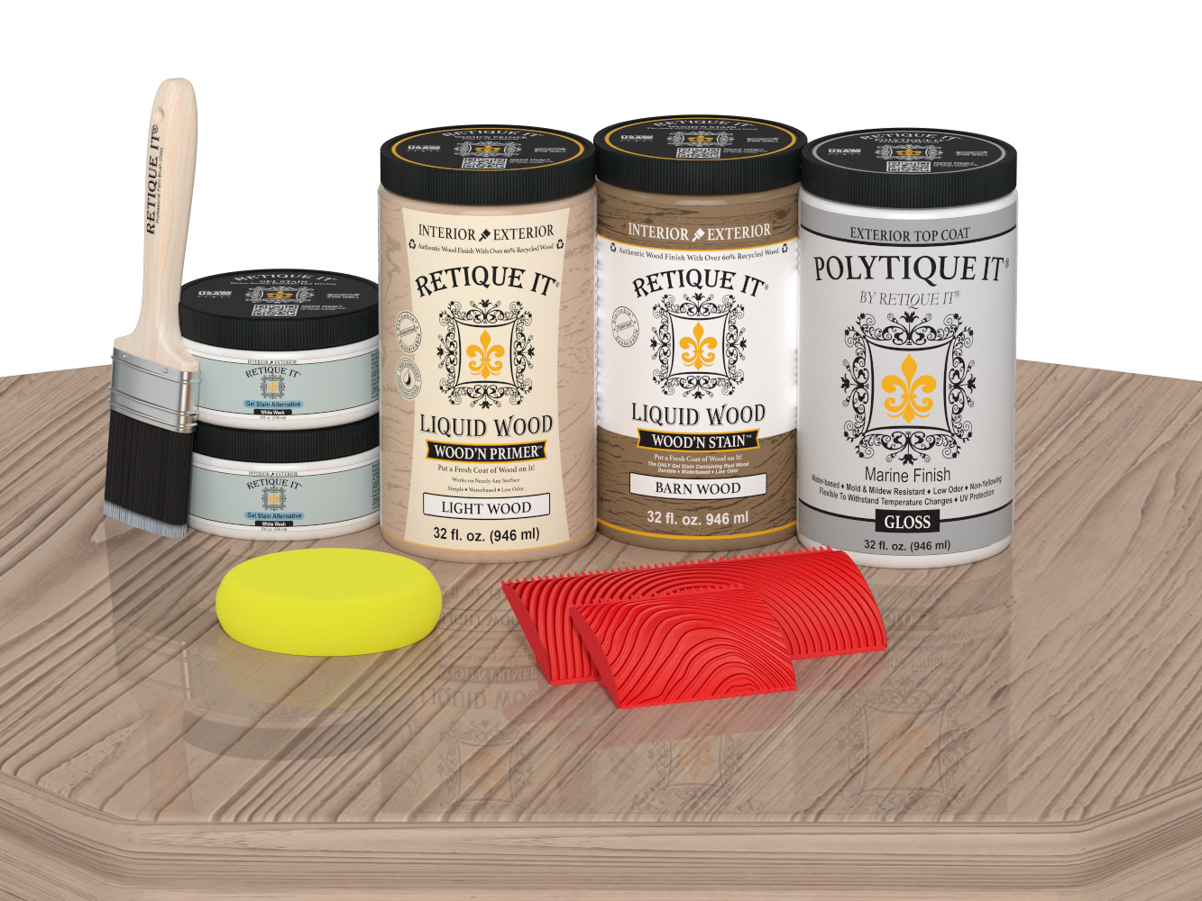 Retique It Wood'n Finish Front Door Kit in French Oak stain, showing a double door with glossy stained wood surface.