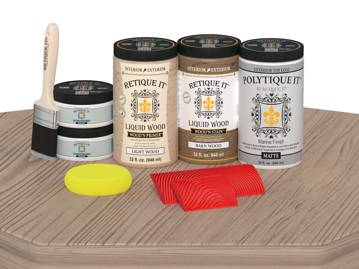 Large French Oak Wood'n Finish Kit by Retique It® with matte exterior top coat, shown on a wooden table.