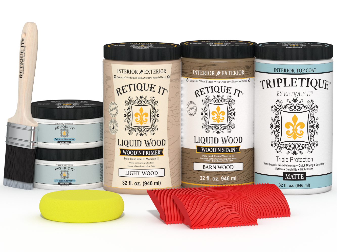 Retique It Wood'n Finish Kit with four large French Oak stains for wood furniture and surfaces, matte finish shown in the image.
