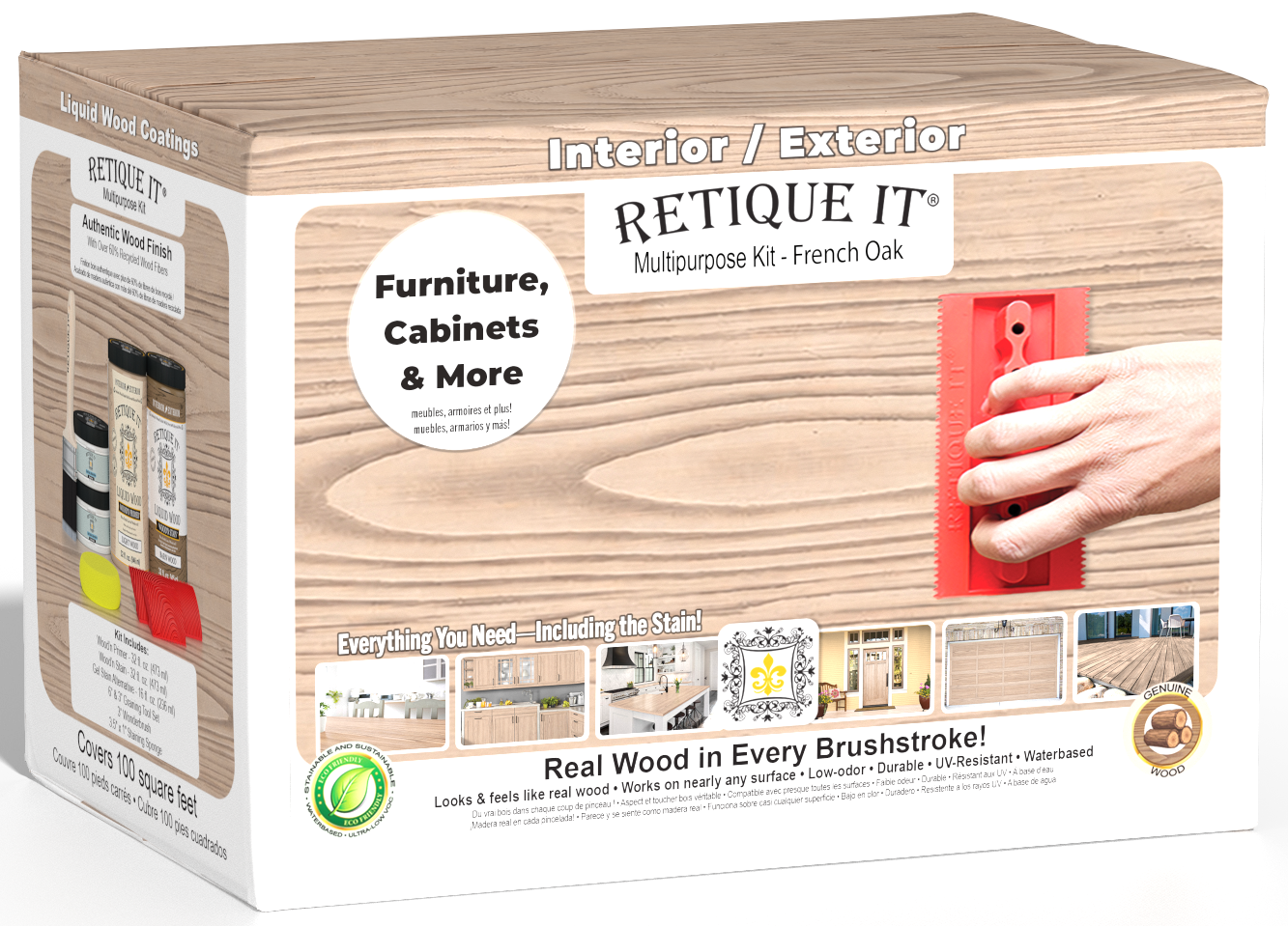 Retique It French Oak multipurpose liquid wood refinishing kit box with pale wood grain finish examples and a red graining tool.