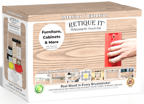 Retique It French Oak multipurpose liquid wood refinishing kit box with pale wood grain finish examples and a red graining tool.