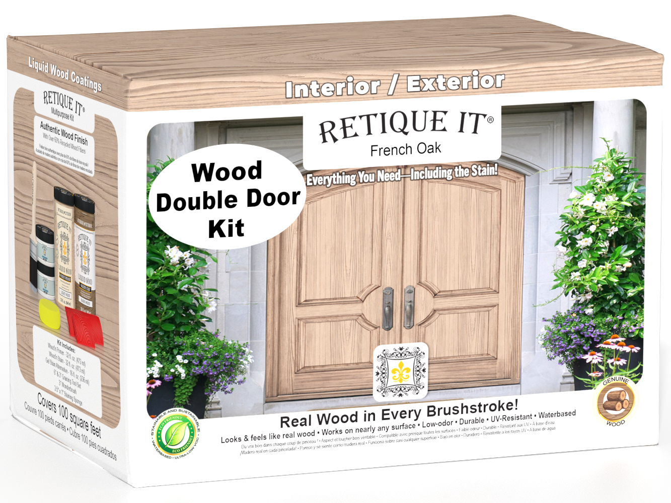 Retique It Wood'n Finish front door kit for double French Oak door, featuring natural wood stain and finishing details.