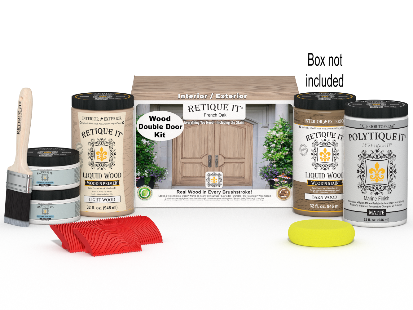 Retique It Wood'n Finish front door kit in French Oak stain, double door with natural wood grain and finish details.