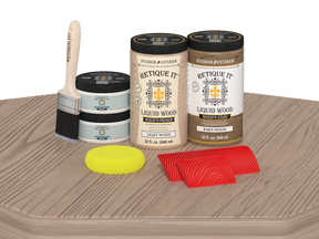Retique It® Wood'n Cabinet Kit with French Oak stain, showing 12 grained cabinet doors on a wooden table.