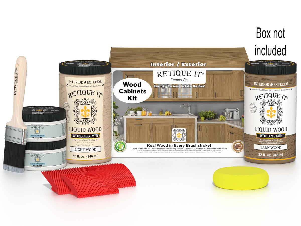 Retique It® Wood'n Cabinet Kit with 12 French Oak grained stain doors and matching wood finish for cabinetry.